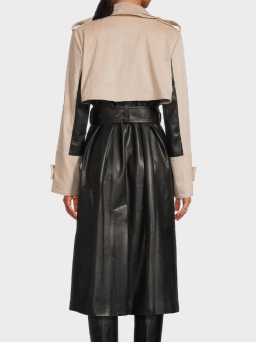 NWT Hutch Stasia Faux Leather Suede Trench Coat Colorblock Black Tan Size Small - Picture 2 of 14